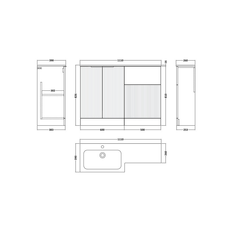Hudson Reed Fluted 1100mm Left-Hand 2 Door Satin Grey Floor Standing Combination Unit With Stone Basin, Satin Blue