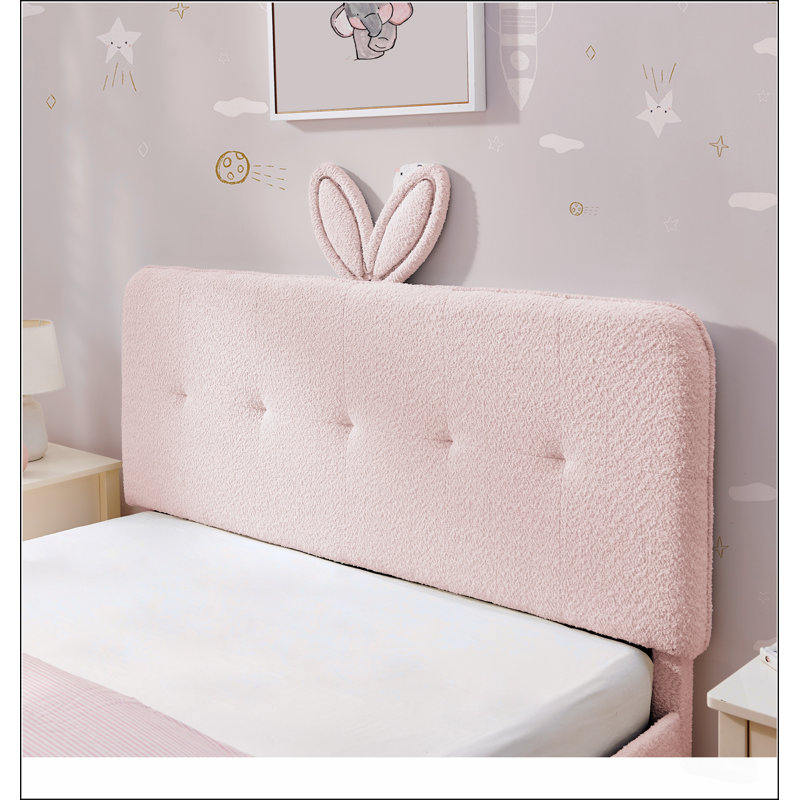 Lit enfant capitonné avec tête de lit oreilles de lapin, lumière DEL et 4 tiroirs de rangement, taille standard, tissu bouclé