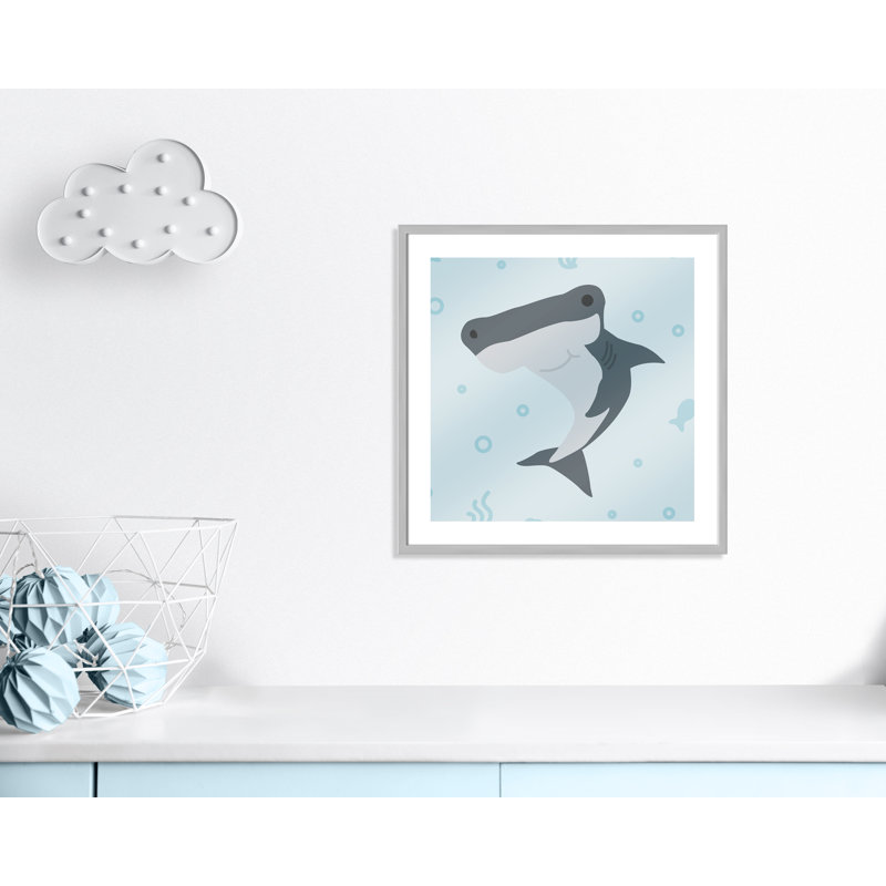 Impression sur papier Happy Hammerhead, H 26,5 po x l 26,5 po x P 1,18 po, Encadré de boîte argent