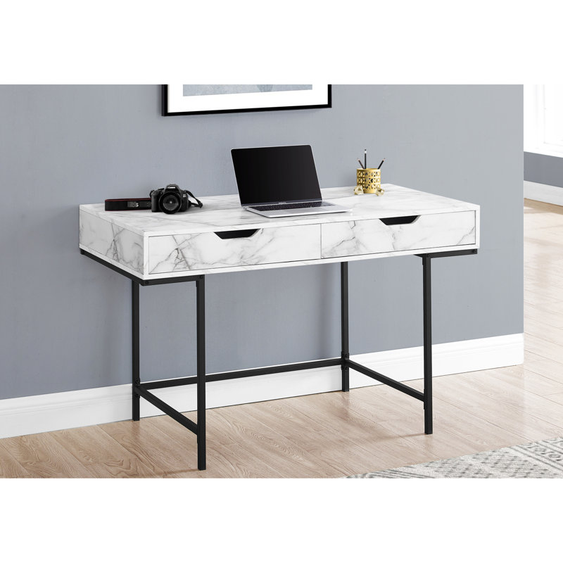 Bureau pour ordinateur portable 48 po pour bureau personnel - surface d'aspect marbre blanc, construction en métal noir et bureau moderne à 2 tiroirs l 46,02 po, stratifié, structure