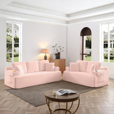 Canapé désossé avec 2 coussins supplémentaires, tissu en velours côtelé 5 places avec porte-gobelet et poche latérale avec revêtement de sol facile à installer, canapés à compression