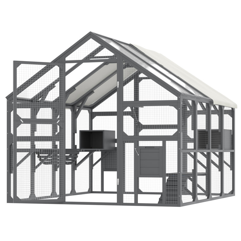 Grande enceinte d'extérieur à porte ouverte Orynex avec plateformes à plusieurs niveaux, boîtes de repos et toit ensoleillé