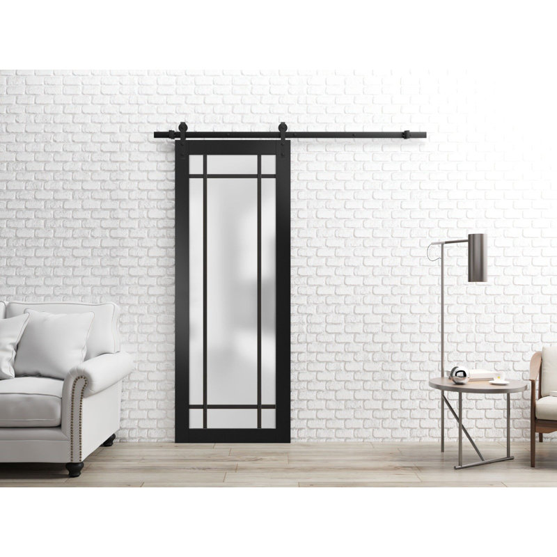 Sturdy Barn Door Frosted Tempered Glass | Planum 2112 | 6.6FT Black Rail Hangers Heavy Hardware Set | Modern Solid Panel Interior Doors - Black Rail