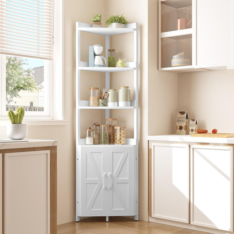 Grande étagère d'angle à 5 niveaux avec rangement, blanc, support de bibliothèque avec clôture de protection, armoire de rangement d'angle pour le salon
