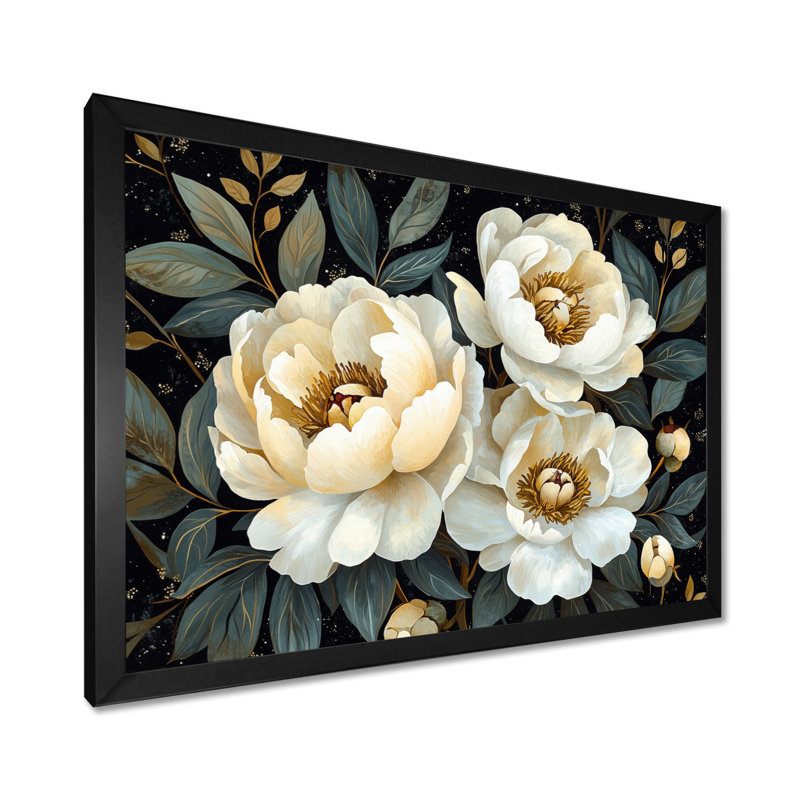 Art mural noir, noir et blanc, pivoines de minuit, Reproduction encadrée d'une seule photo, Noir, H 12 po x l 20 po