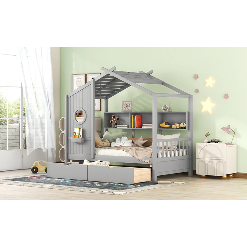 Lit simple en bois avec 2 tiroirs, lit pour enfant avec tablette de rangement, Gris, 78 po L x 42,7 po l x 72 po H