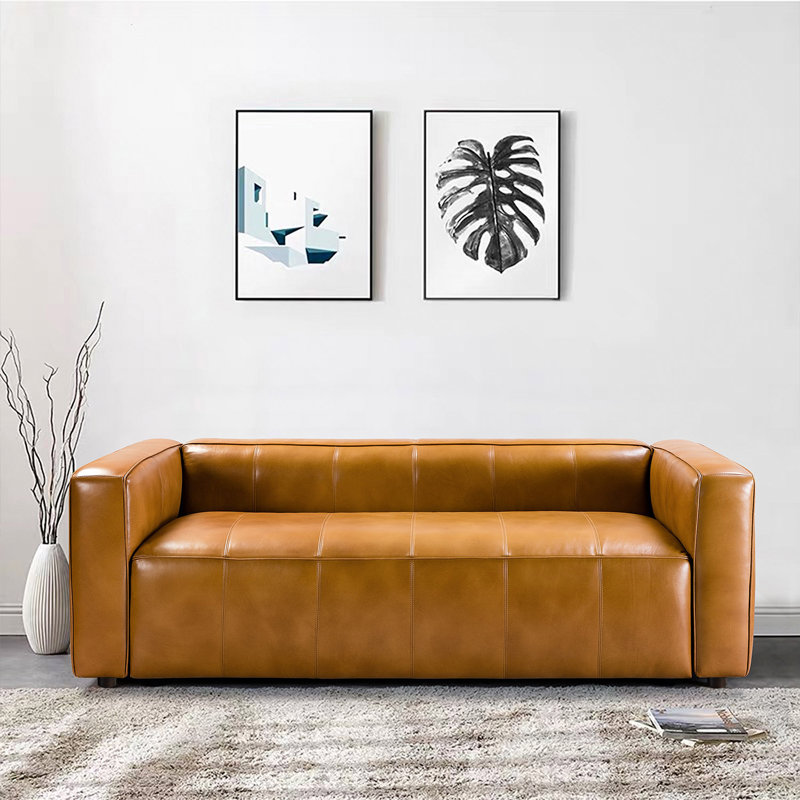 Canapé en cuir véritable à accoudoirs arrondis 80 po Beatryce, Cuir fleur camel