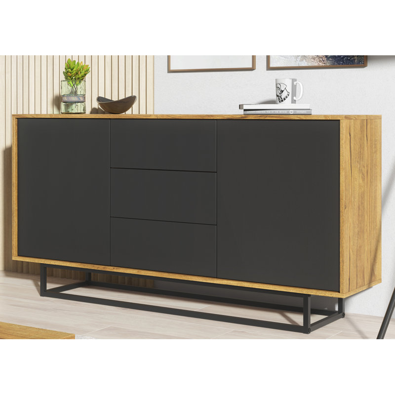 Vintage Loft Industrial Sideboard with Cabinet, Cupboard, and Drawers, Oak/Black