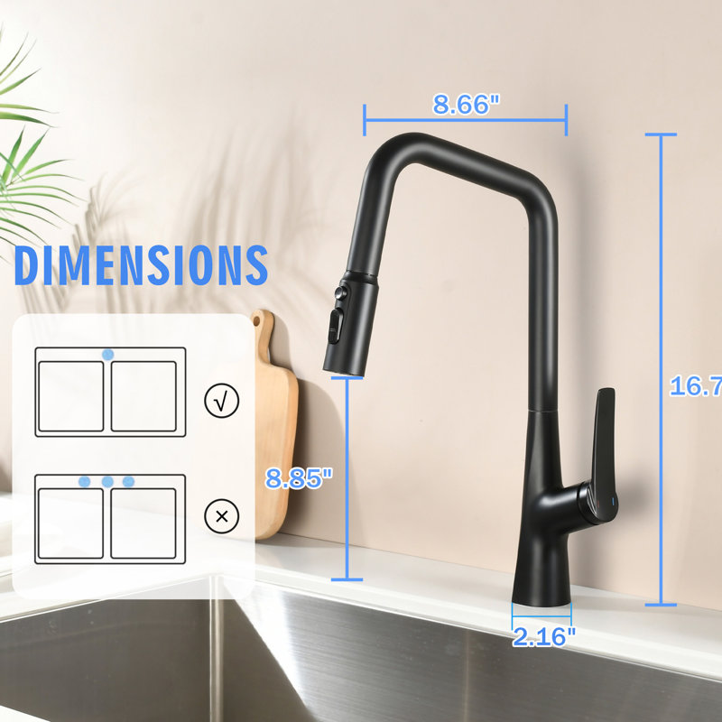 Matte Black, Single Hole, Kitchen Faucet, 3 Function, 360 , One Touch Switching, 8.67 In. Product Depth, 1.8 Gallons Per Minute Maximum Flow Rate, 23.6 In Pull-Out Hose, Water Modes, Pull Down Lever