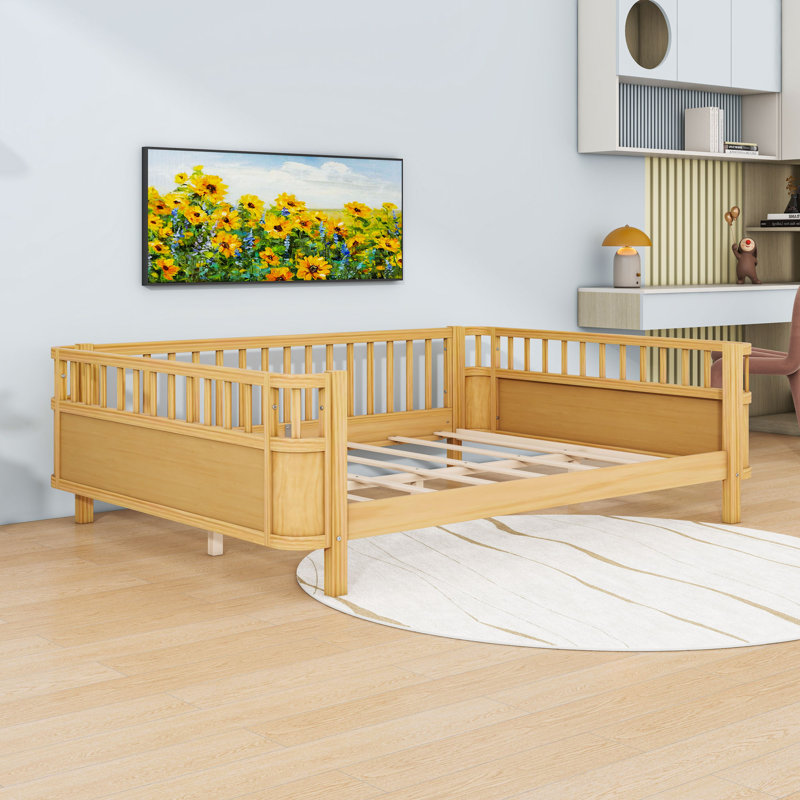 Multifunctional Wooden Platform Bed with Removable Rails, Natural, Full / Double