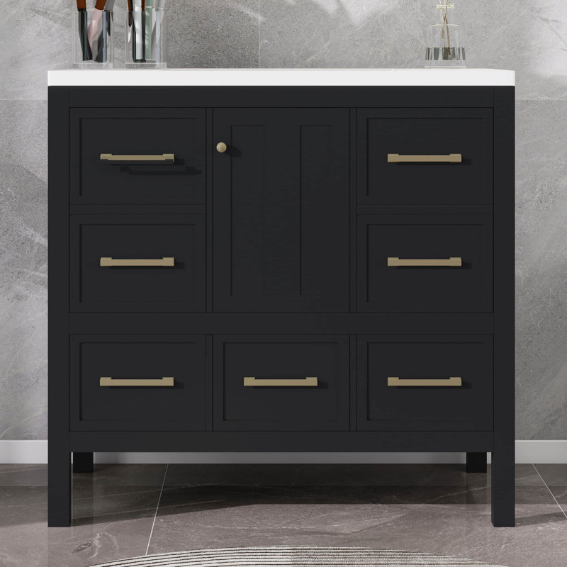 Meuble-lavabo de 36 po sans lavabo, armoire en bois massif avec 5 tiroirs et portes à fermeture douce, conception autoportante