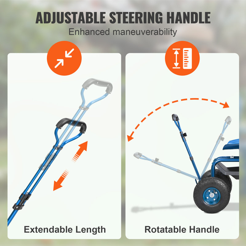 Blue Steel Rolling Garden Work Seat with Swivel and Storage