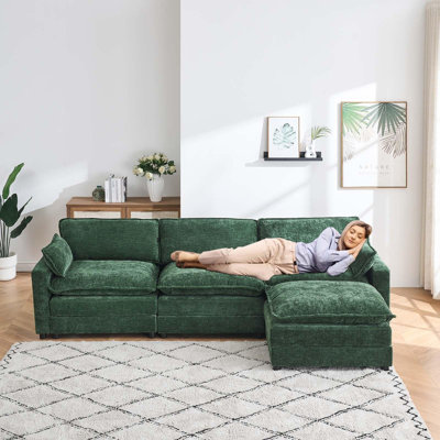 Chenille 113" Modular 3-Seat L-Shape Sofa with Ottoman, 2 Cushions & Side Pockets – Oversized, Green