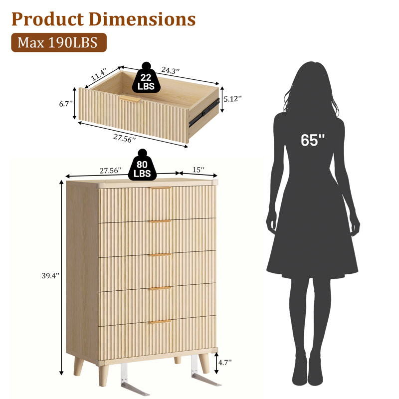 Commode à 5 tiroirs cannelés pour chambre à coucher, commode moderne de 28 po avec tiroirs profonds, organisateur de tiroir en bois pour salon, couloir, chambre de bébé, garde-robe de couloir