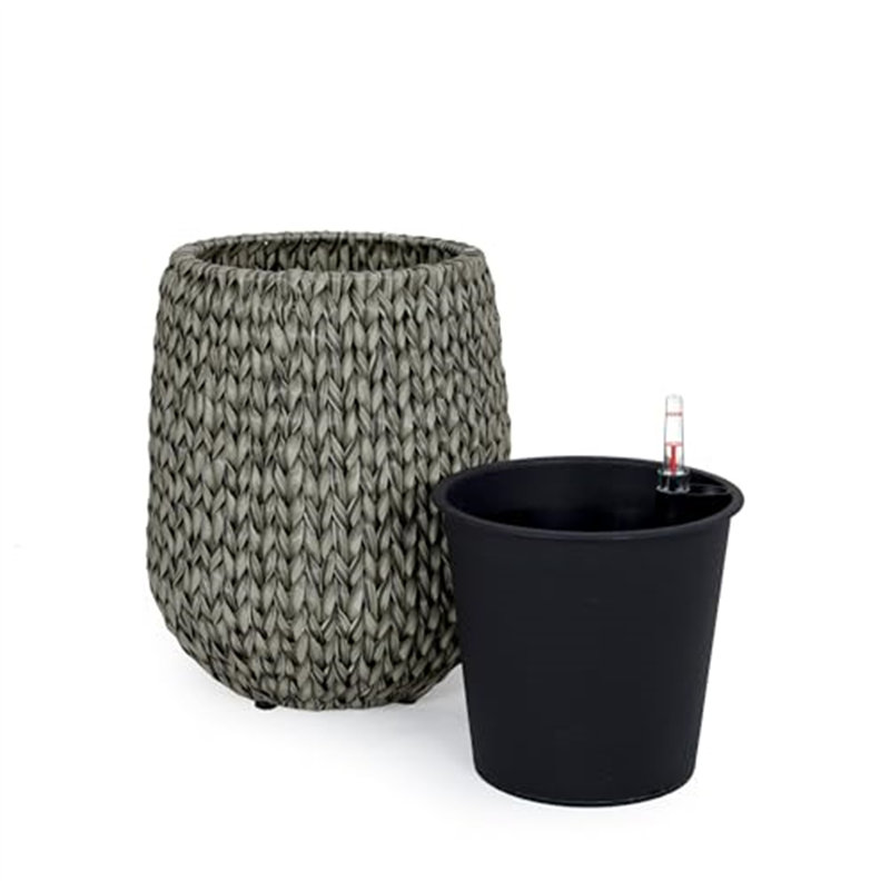Pot à fleurs en osier auto-arrosant 13,4 "- Pot de décoration de jardin - Gris - Rond