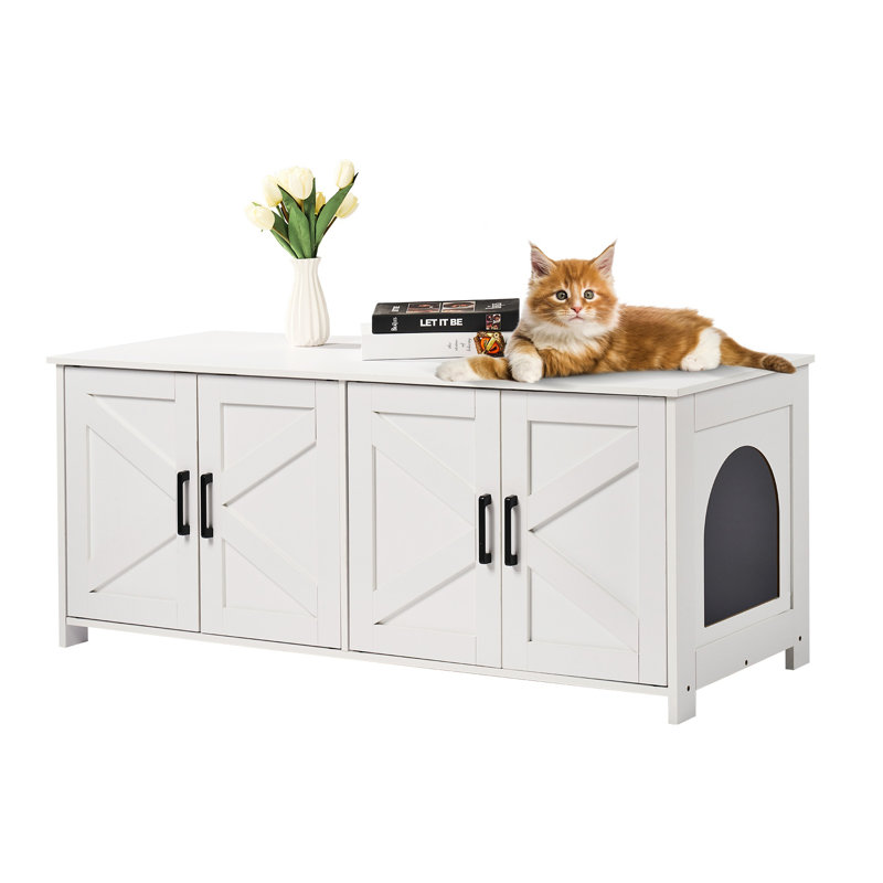 Meuble à litière blanc en bois pour chat - armoire cachée avec portes doubles, Blanc