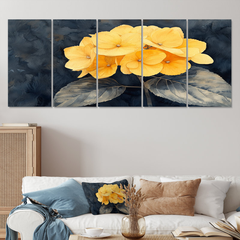 Jaune hydrangée jaune Focus I - Hortensia Wall Art - Art mural traditionnel pour le salon, H 32 po x l 80 po, 5