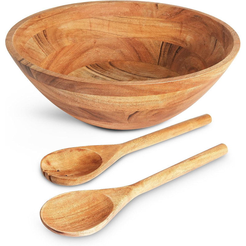 Natural Mango Wood Rectangular Salad Bowl Set with Fork and Spoon