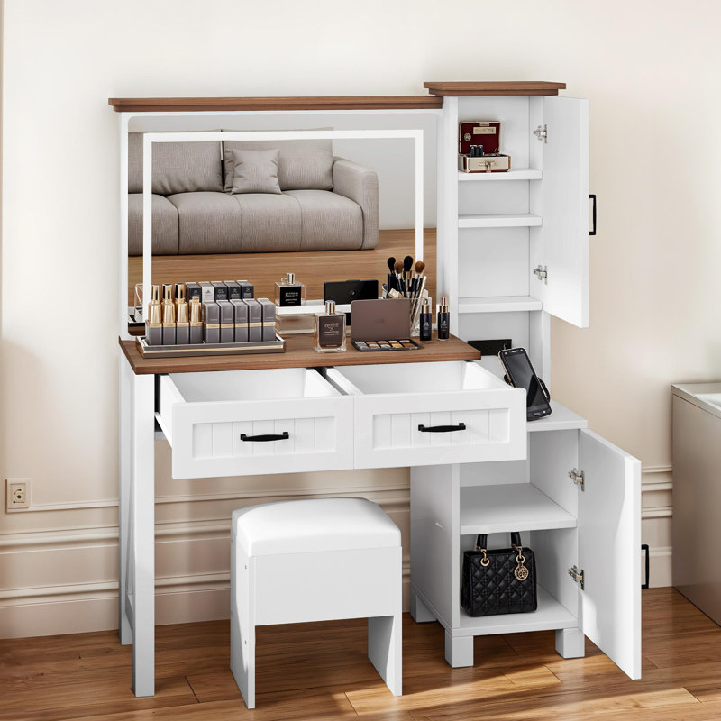 Makeup Table Set Stool Farmhouse-Style Vanity Desk with Built-In Power, Ample Storage and LED Lighted Mirror