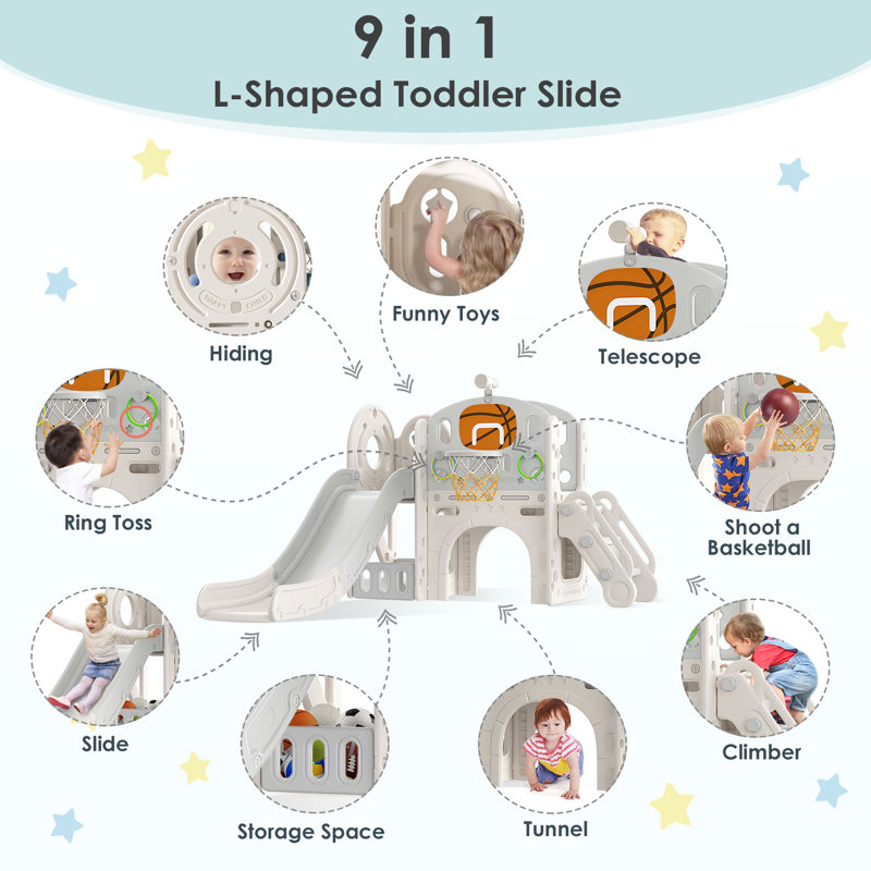 9-in-1 Beige and Gray Toddler Playset with Slide and Basketball Hoop