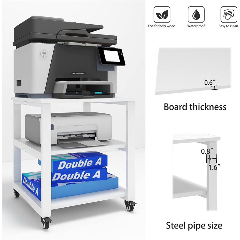 19.7 x 19.7 inches 3-Tier Laser Printer Stand with Storage Pinter desk Floor-Standing Rack on Wheels, White