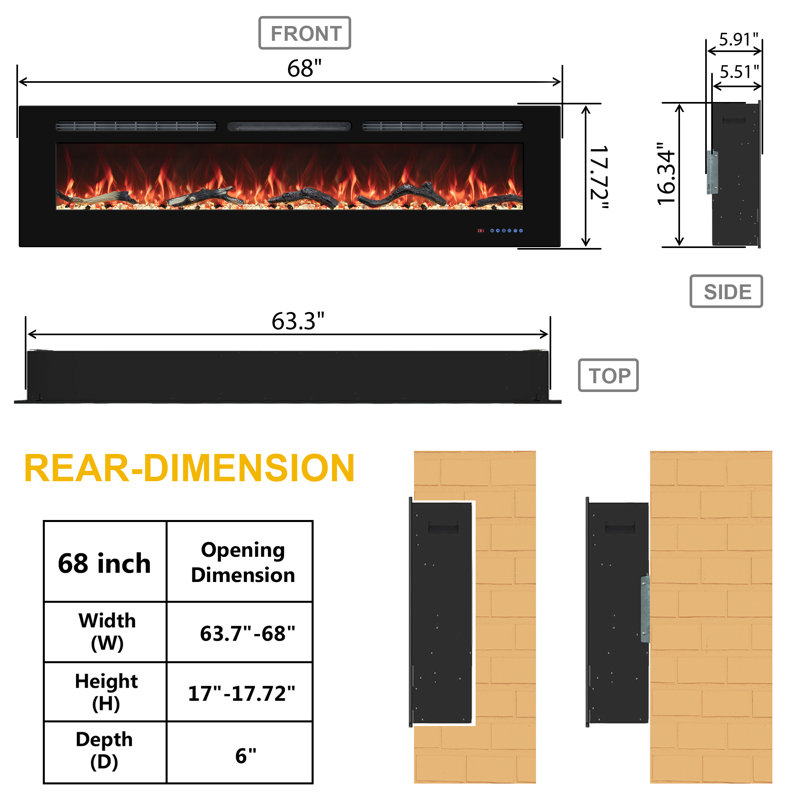 Berni Powder Coated Electric Fireplace with 5120 BTU, 17.7" H x 68" W x 5.5" D, Black