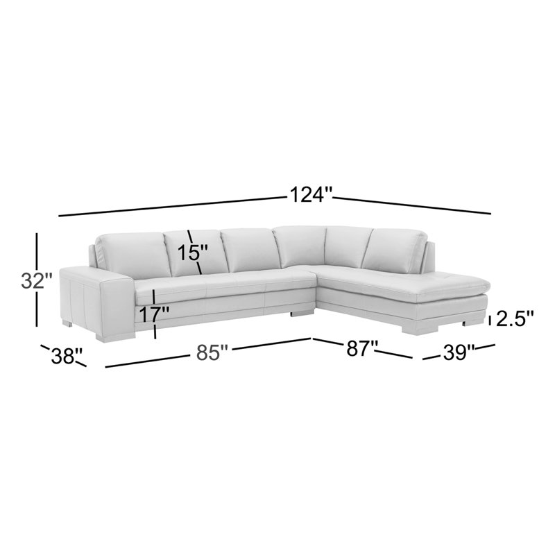 Canapé et chaise longue en cuir véritable de 124 po, Gris ardoise, Face à la droite
