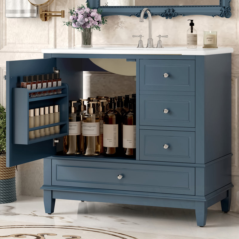 Meuble-lavabo avec lavabo, 3 tiroirs et tablettes de porte, Bleu gris