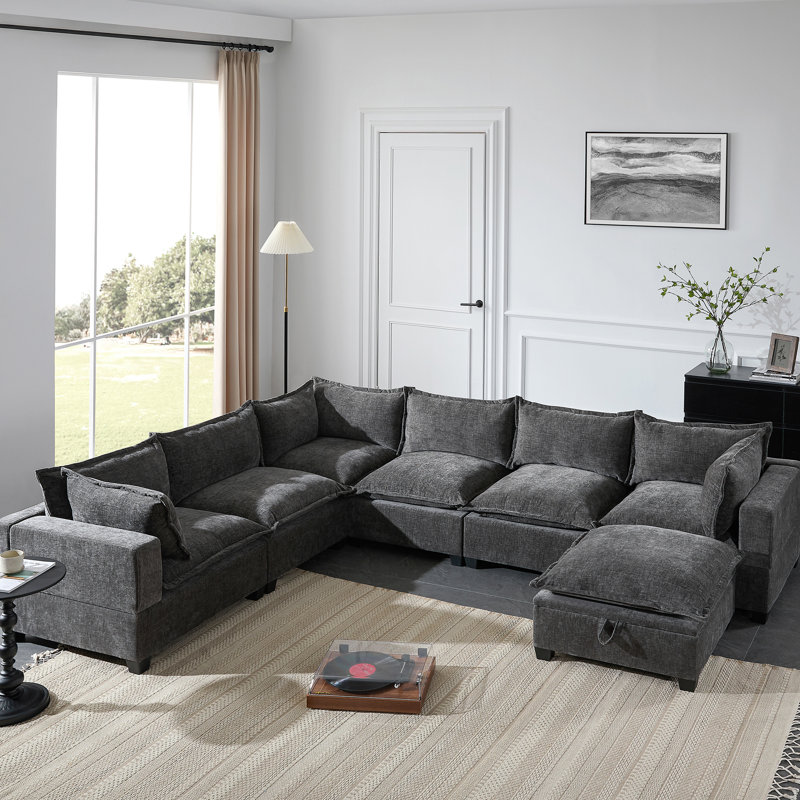 Canapé modulaire de 118 po avec repose-pieds de rangement mobile, canapé 7 places en forme de U, siège large et combinaison libre, canapé surdimensionné en chenille pour salon et appartement, 2 couleurs