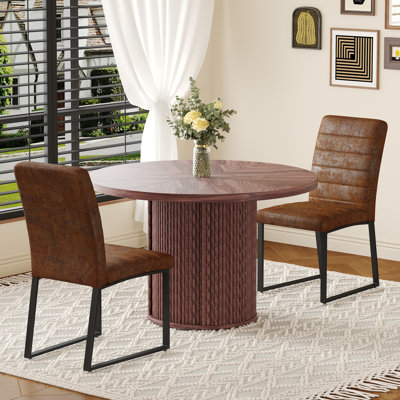 Ensemble de chaises de salle à manger rembourrées en polyuréthane avec table ronde à colonne romaine, rangement inclus, convient aux restaurants / cafés, brun