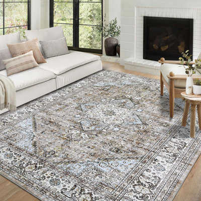 Grand tapis lavable à faible épaisseur à motif floral d'intérieur