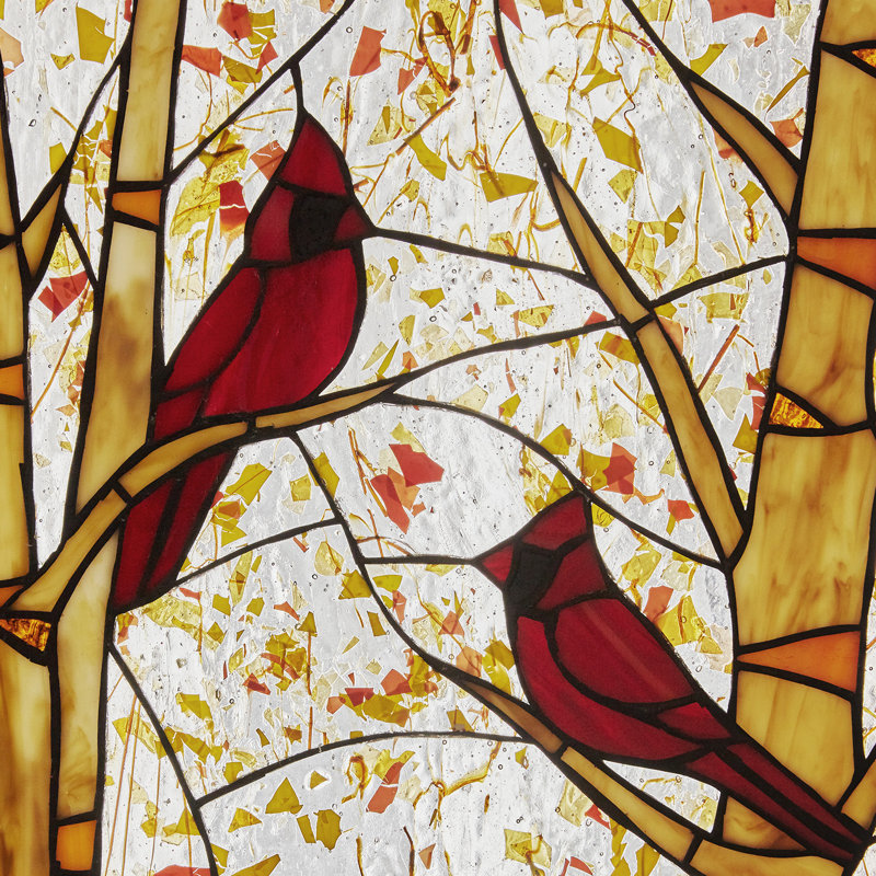 Panneau de vitrail en verre coloré 14 "H Cardinals in a Birch