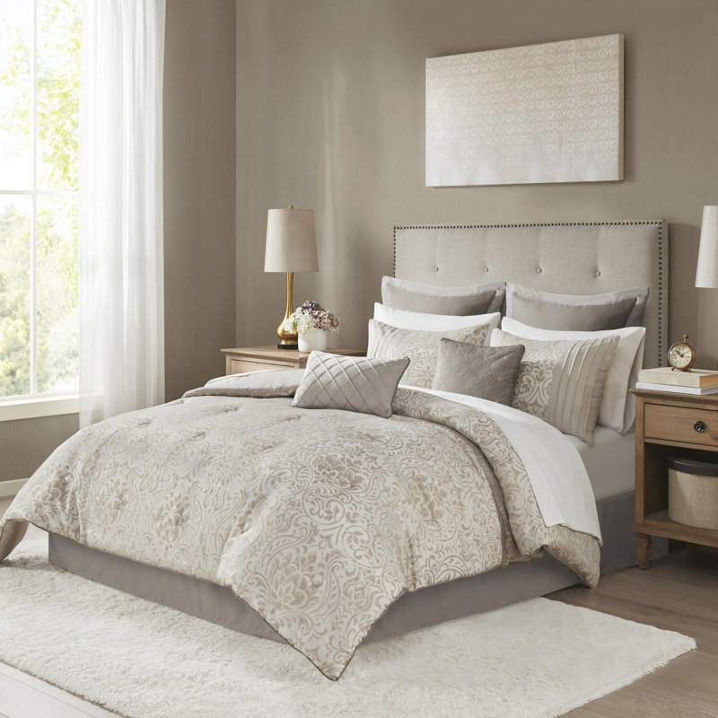 12 Piece Comforter For King Bed, Khaki Color, With Metallic Gold Thread, Matching Shams Bed Sheets Size Pattern Includes Comforter, Shams, Pillows, And Sheet , Machine Washable