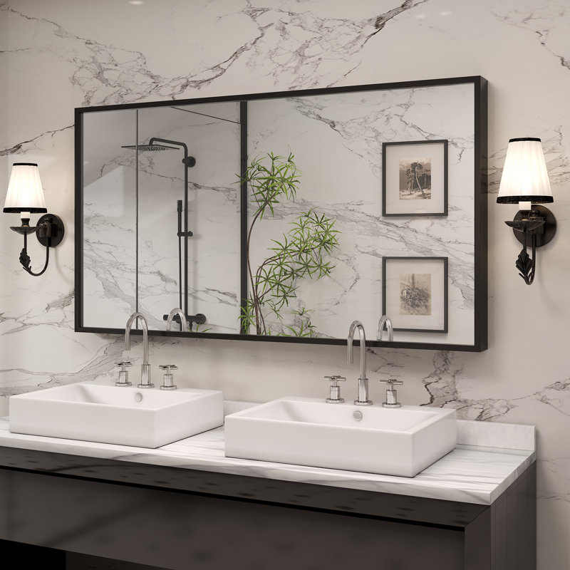 Molly Tempered Glass and Metal  Alloy Square-Corner Framed French Cleat Mounted Wall Bathroom / Vanity Mirror, 55" x 30"