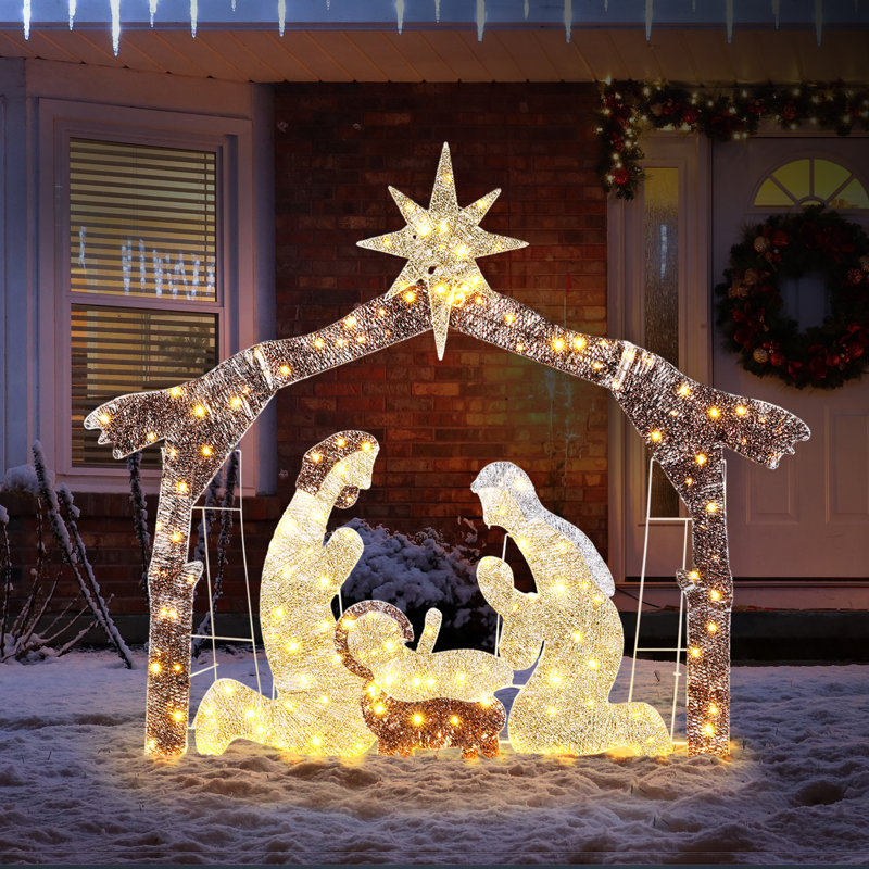 Crèche de Noël extérieure de 1,80 m avec 190 lumières DEL et toit brun, Brun