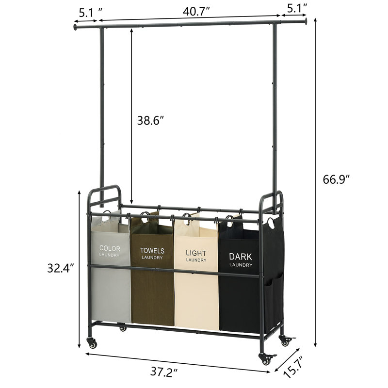 Black Metal Laundry Cart with Hanging Rack and Wheels