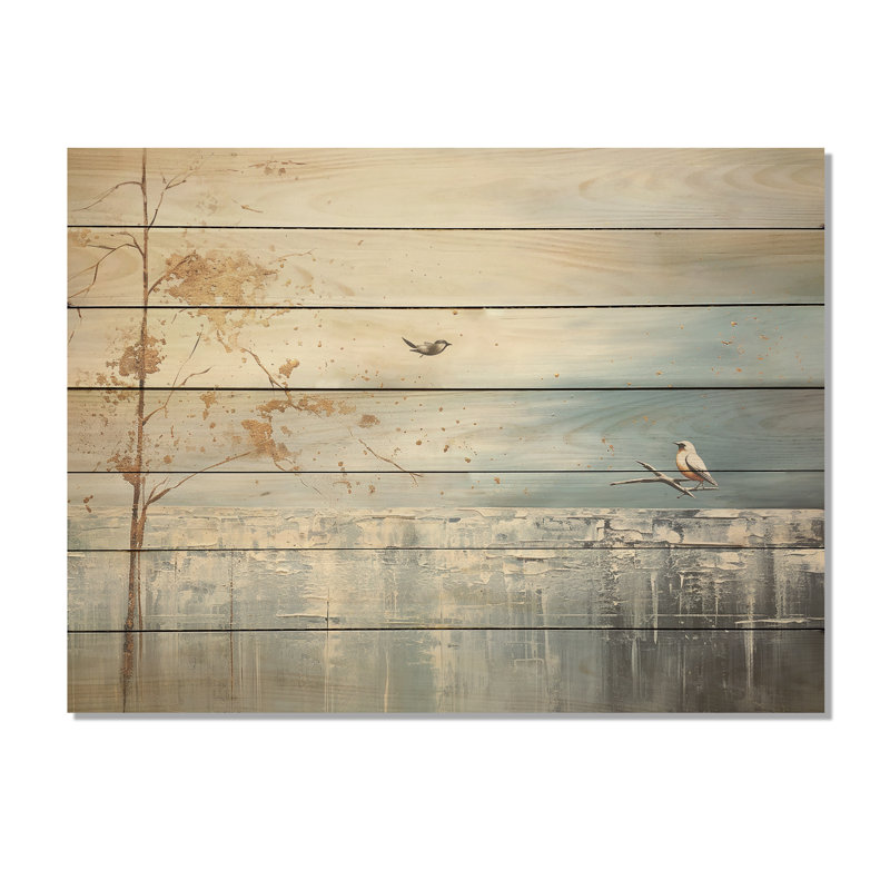 Motif de fleurs dorées et bleues au printemps III - Oiseau sur arbre sur bois, H 10 po x l 20 po
