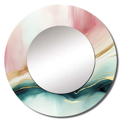 Stanojka Abstract Geode Pink And Green Marble II - Marble Decorative Mirror, Modern Large Round Wall Mirror, Printed Metal Art