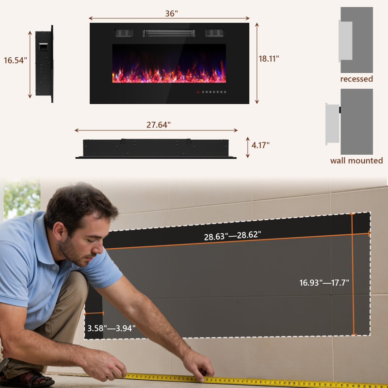 36" Electric Fireplace Insert, Electric Fireplace Wall Mounted with Remote & Timer, Adjustable Flame Color, 750/1500W
