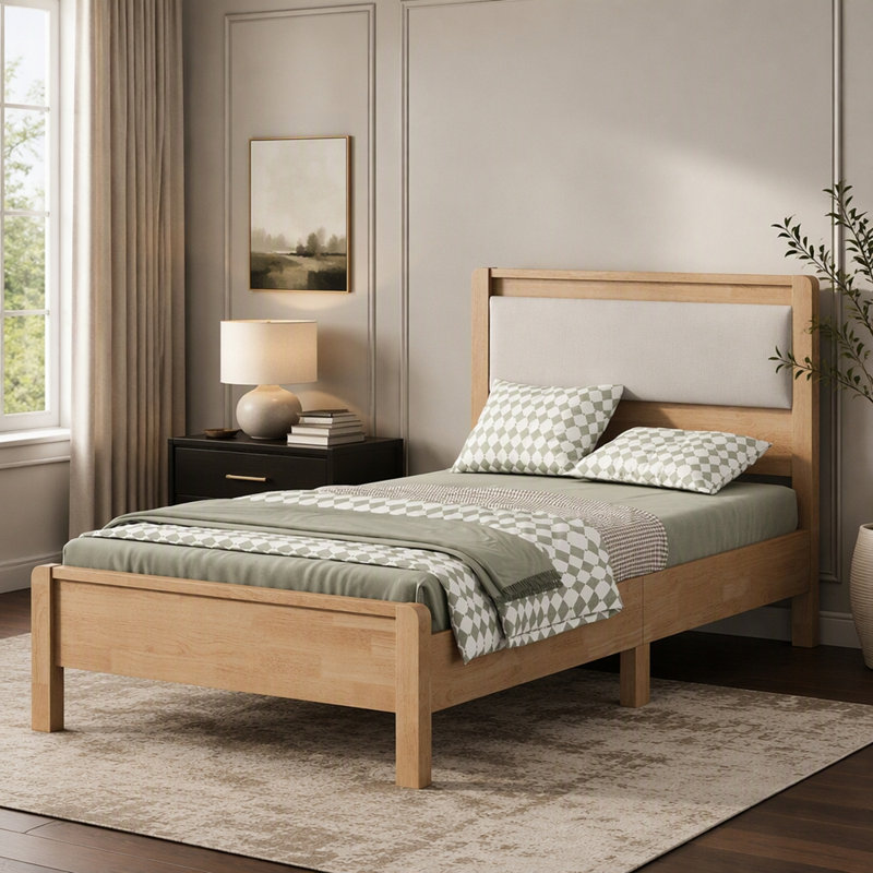 Lit en bois d'hévéa massif avec tête de lit rembourrée, Très grand simple, Naturel