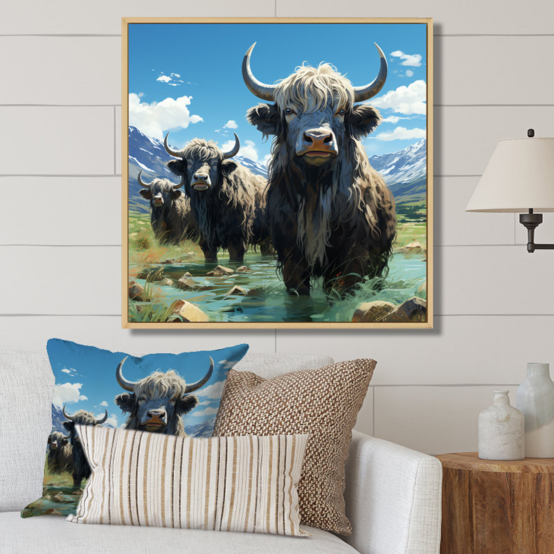 «Brown Yaks Highland Mountain Charm III - Yaks», art mural, Cadre flottant brun, H 36 po x l 36 po x P 1,5 po