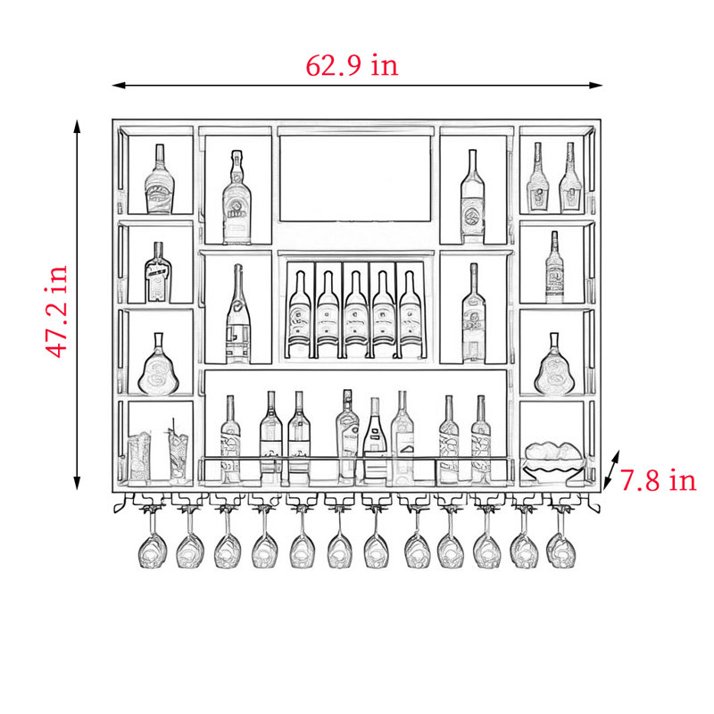 Support à vin mural laqué, H 47,2 po x l 62,9 po x P 7,8 po, Noir, noir, noir, noir