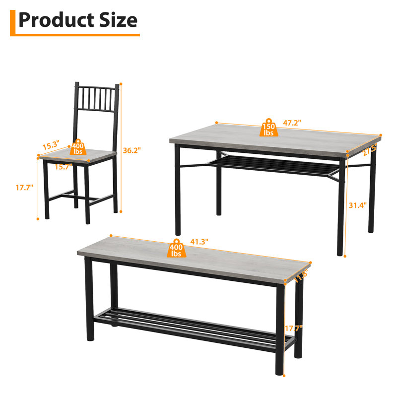 4 Pieces Dining Table Set, Farmhouse Kitchen Table Set with Bench and 2 Chairs, Rectangular Breakfast Table Set for 4 with Storage Racks for Apartment, studio, Grey