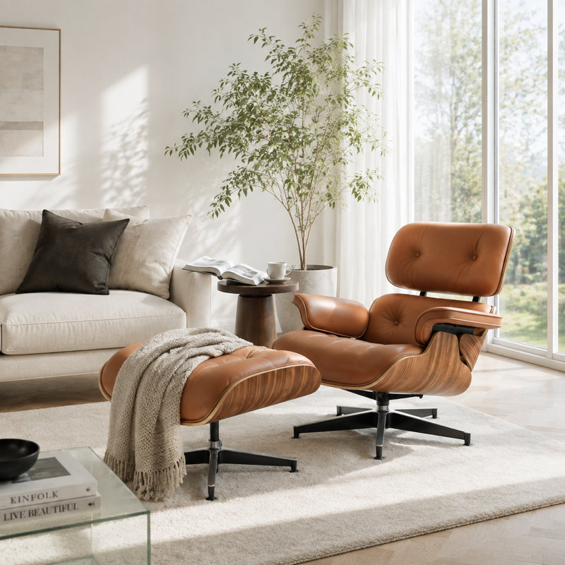 Méridienne Mid-Century avec repose-pieds, fauteuil d'appoint en cuir véritable, fauteuil inclinable ergonomique pour la chambre à coucher du salon