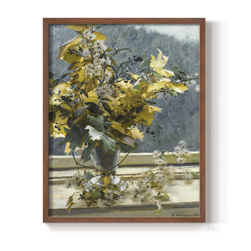 Impression florale rétro CCXLII, bois massif, Noyer, H 21 po x l 17 po