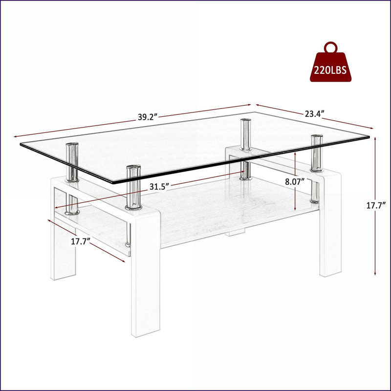 Table basse grise rectangulaire en verre trempé pour le salon - facile à nettoyer, rangement en panneau de fibres à densité moyenne, pieds en fer