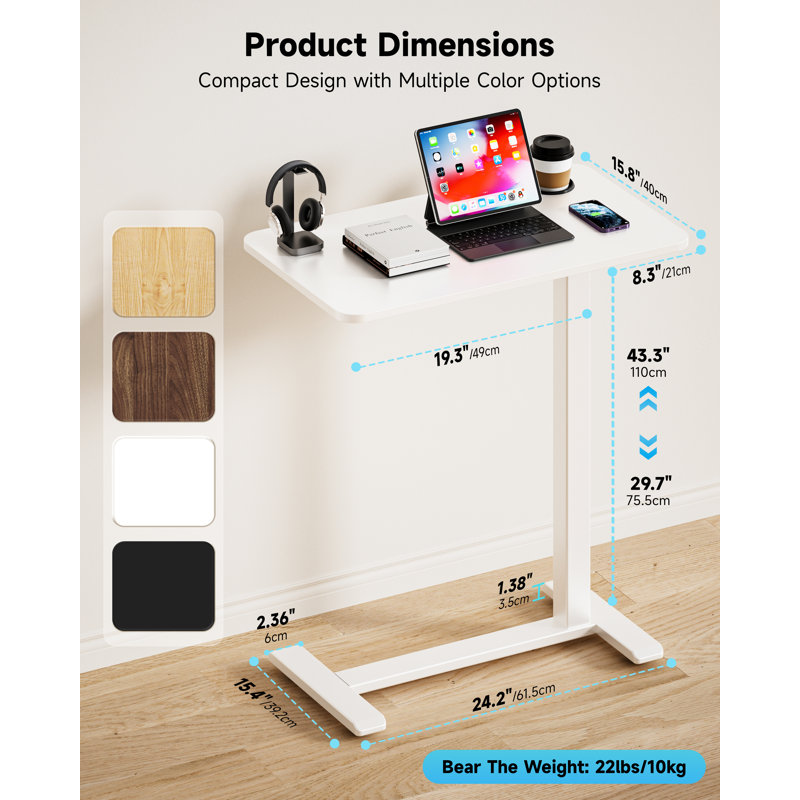 Bizum Adjustable Bedside Table With Swivel Hidden Wheels Pneumatic Rolling Desk Mobile Standing Desk With Cup Holder For Hospital