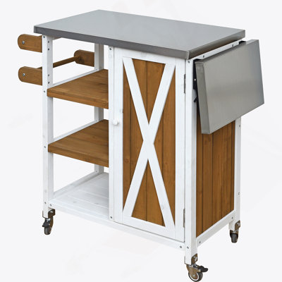 Foldable Outdoor Kitchen Island With Lockable Wheels, Storage, And Towel Rack For Patio And Outdoor Use, White+Brown