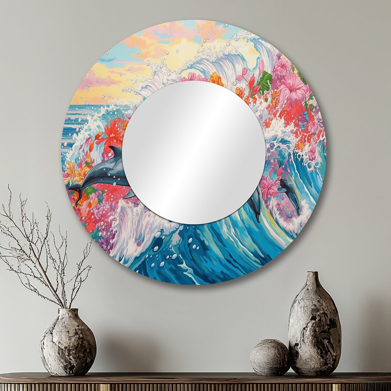 «Pizanie Colorful Dolphins» - miroir mural dauphin, miroir décoratif rond bleu, impression d'art en métal, 29 po x 29 po
