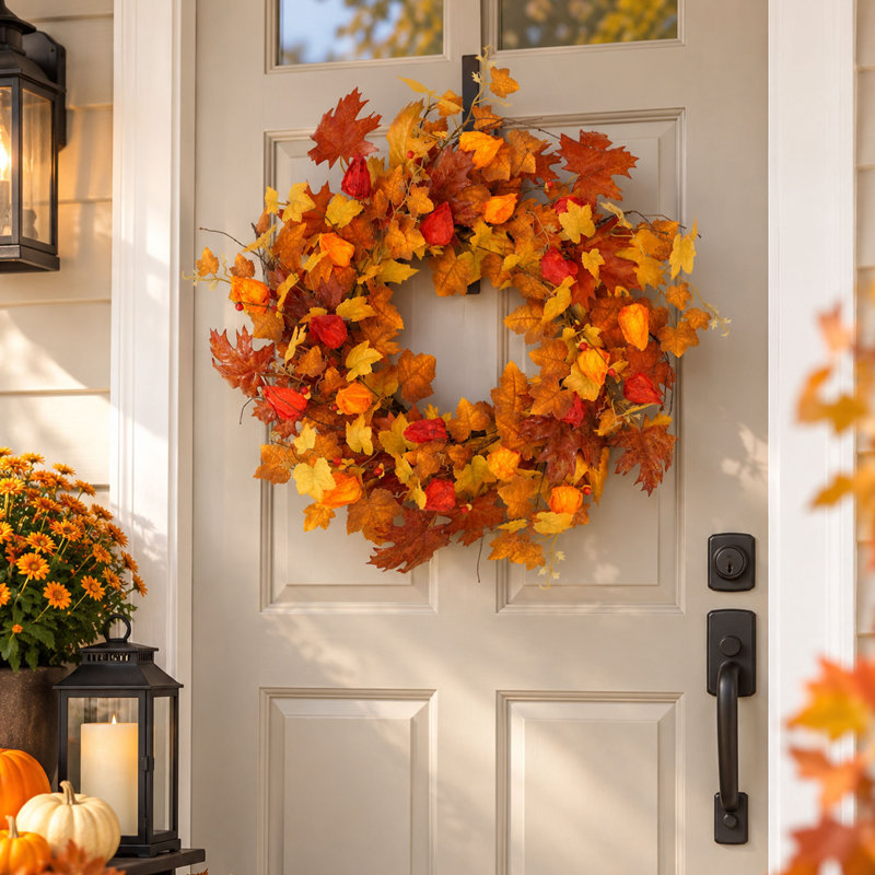 Couronne d'automne artificielle en feuilles d'érable de 56 cm (22 po) pour porte d'entrée